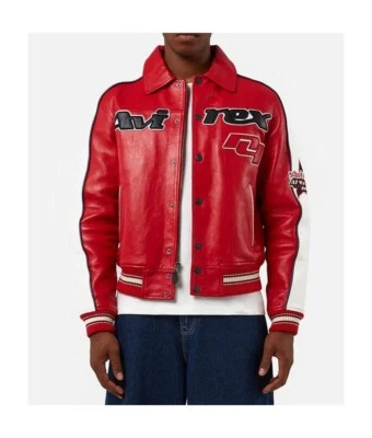 Mens Avirex Leather Jacket Genuine Red Cowhide Leather Bomber Jacket All Sizes - Image 1 of 4