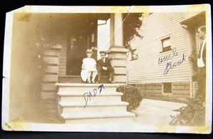 1930s Boy with his Pretty Girlfriend on Porch, Brother Looks On Photo Snapshot - Picture 1 of 1