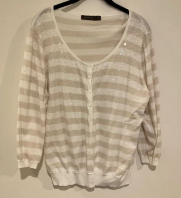The Limited Womens XL Sweater Button Cardigan tan white stripe Beaded Sparkly - Image 1 of 4