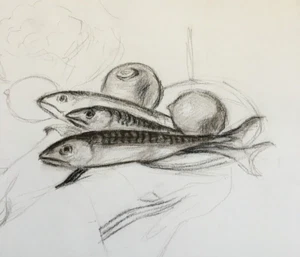 Jean-Claude QUINETTE (1956) Pencil Oil Pastel Still Life Aux Fish Vegetables - Picture 1 of 12