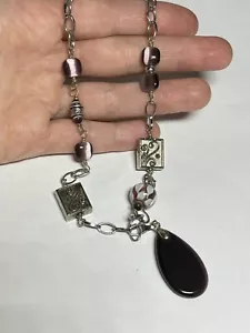 Vintage Y2K 90's Purple Cat's Eye Glass Whimsical Boho Necklace G1289 - Picture 1 of 6