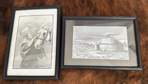Pair Vintage Mongolian Mongolia Original Pencil Art Drawings Signed Horse Woman - Picture 1 of 24
