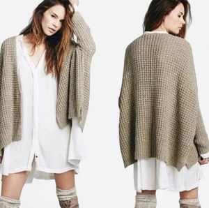 Free People Chunky Waffle Knit Tan Cardigan Sweater S Boho Slouchy Free Ship - Picture 1 of 21