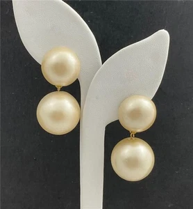 Vintage 7/8" Round Faux Pearl Ball Dangle Clip Earrings - Picture 1 of 4