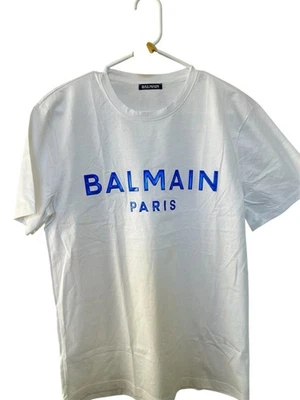 Camiseta Balmain Paris Algodón Blanco Logo Azul - M (51cm) Foto 1 de 4