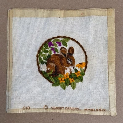 Completed Wool Crewel Embroidery Small Bunny Floral 7x7 Unframed Vintage 1970s - Image 1 of 4