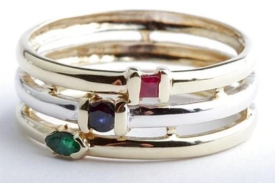 Saphir Smaragd Rubin Ring 375 9K Bicolor Gold Gr. 65 . - Bild 1 von 4