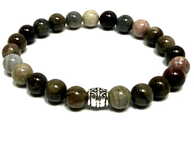 Brazalete hecho a mano de 8 mm de madera petrificada de jaspe tibetano de plata esterlina Bali Bead Foto 1 de 4