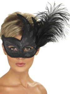 Smiffys Ornate Colombina Feather Mask, Black - Picture 1 of 1