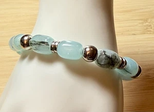 Aquamarine Beaded Stretch Bracelet W/Silver Toned Accents - Picture 1 of 6