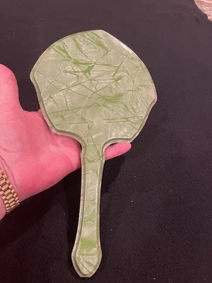 VNT 50s Celluloid hand mirror 11.75x6.25 Marbled green back/black on front - Image 1 of 4