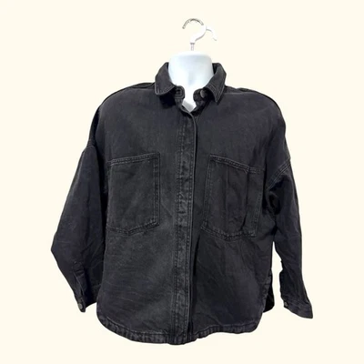 Zara Women’s Black Denim Snap Shacket Size M Pockets Oversize Gothic - Image 1 of 4