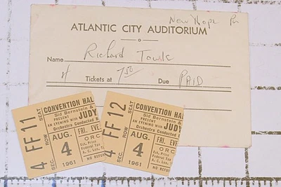 Б/у корешки билетов на концерт JUDY GARLAND август 1961 Атлантик-Сити Нью-Джерси - Изображение 1 из 4