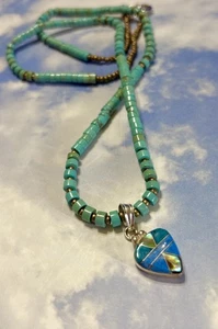 Navajo E TSOSIE Sterling Silver HEART Turquoise & Sodalite 925 Pendant Necklace - Picture 1 of 3