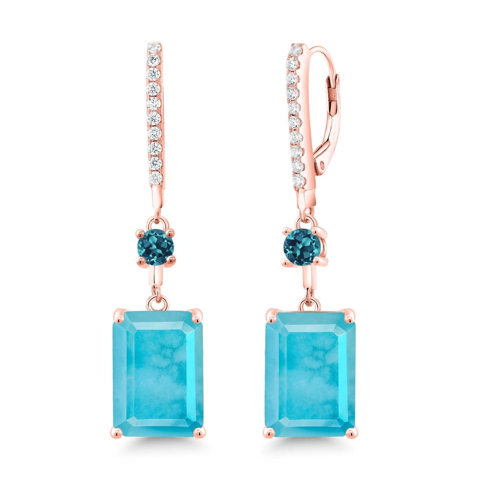 10.96 Ct Green Turquoise London Blue Topaz 18K Rose Gold Plated Silver Earrings - Image 1 of 4