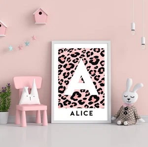 Personalised Pink Animal Print Initial Name Print Leopard Decor Wall Art 626 - Picture 1 of 2