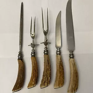 A Set Of Vintage Stag horn Sterling Carving Knifesand Fork - Picture 1 of 12