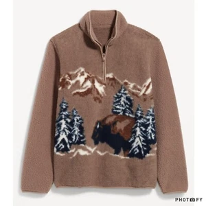 LARGE TALL ● NWT Men's Women's Old Navy Bison Buffalo Sherpa Fleece Zip Sweater - Picture 1 of 7