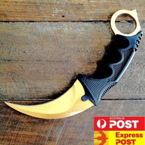 NEW Outdoor KARAMBIT NECK KNIFE Survival Hunting Fixed Blade+Sheath Gold - Picture 1 of 2