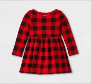 NWT Toddler Girls' Knit Long Sleeve Dress - Cat & Jack™ red black plaid 2T - Picture 1 of 3
