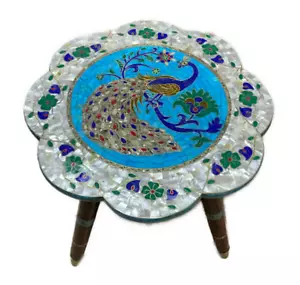 Handmade Wooden End Table Carving Wood Table Home Decor Mother of Pearl Inlay - Picture 1 of 16