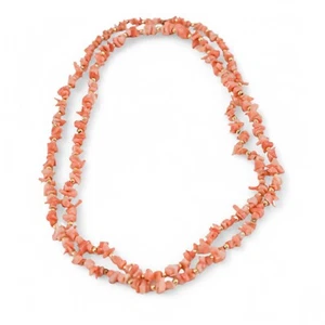 Vintage salmon pink coral chip single-strand princess necklace with gold beads - Picture 1 of 12
