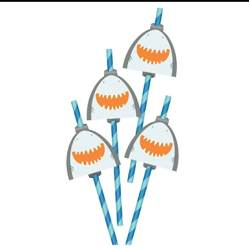 Shark Ahoy Pirate Paper Straws 12 Count Shark Week Birthday Party Supplies New - Image 1 of 4