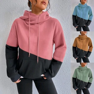 Womens Colorblock Hooded Casual Winter Hoodies Ladies Thermal Warm Sweatshirts - Picture 1 of 22