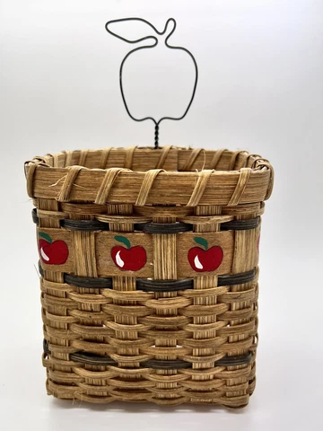 Vintage Woven Basket Signed Wall Hanging DecorPlanter Metal Apple Handpainted Cover