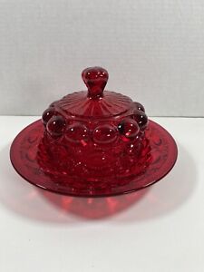 Vintage Mosser USA Ruby Red Glass Butter Dish Eyewinker Pattern EUC