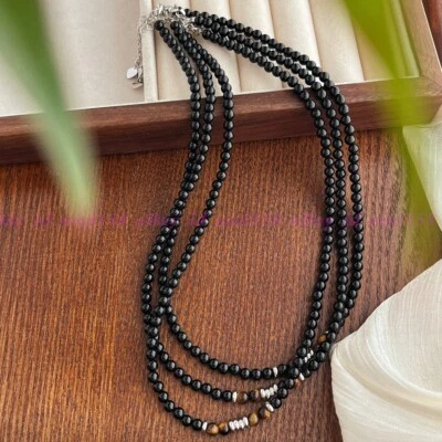 Mens Beads Necklace 4mm Black Obsidian Tiger Eye Stone Healing Chakra Necklace - Image 1 of 4