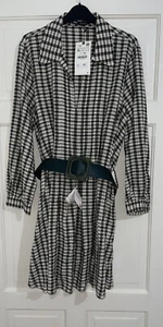 ZARA JOHNNY COLLAR CHECK PRINT MINI BELTED SHIRT DRESS WITH DARTED WAIST SIZE XL - Picture 1 of 12