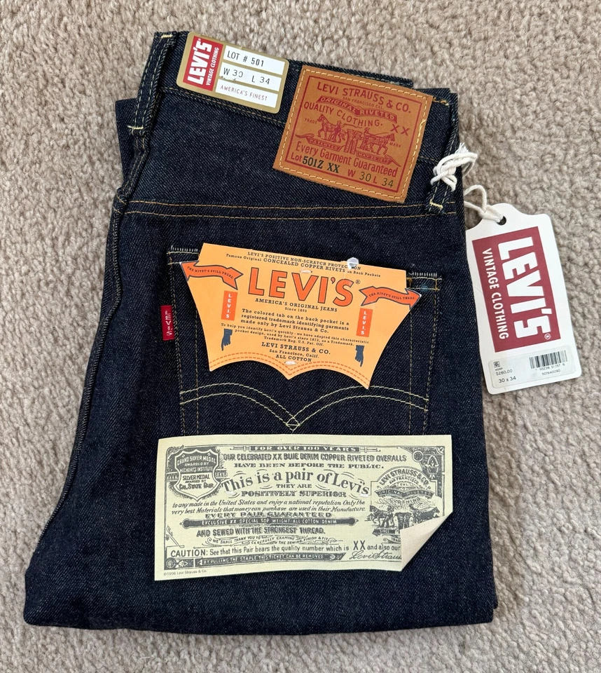 Levis LVC 1954 501z XX Selvedge Made Japan 30X34 Raw Denim Redline
