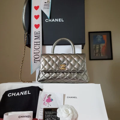 CHANEL caviar Small 9 inches Coco Handle Metallic Silver Aged Gold Bag HW - Image 1 of 4