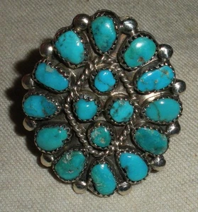 VINTAGE LARGE ZUNI TURQUOISE CLUSTER STERLING SILVER RING SIZE 10 1/4 vafo - Picture 1 of 7