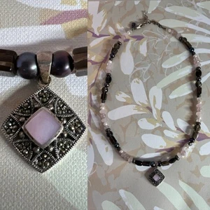 Shayna Signed 925 Sterling Silver Rose & Smoky Quartz Beaded Necklace SHIPS FREE - Picture 1 of 9
