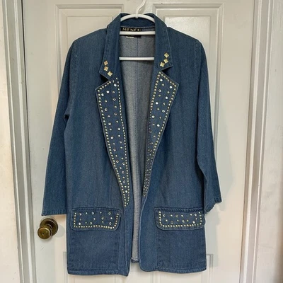 Hombre LA Mujer L De Colección Años 80 Estilo Denim Deslumbrado Blazer Abierto Almohadillas para el Hombro EE. UU. Foto 1 de 4