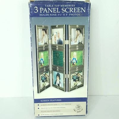 Photo holder 3 Panel Screen 3.5" x 9" Holds 9 Pewter Finish Desk Table Top NEW - Image 1 of 4