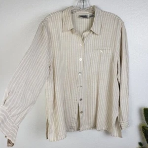 CHICO'S 100% Linen Blouse Top Striped size L Button-Up Cream White Resort Boho - Picture 1 of 10