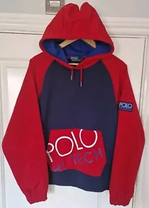 Polo Ralph Lauren Size Medium Slim Fit Hi Tech Retro Hoodie Red Blue Spell Out - Picture 1 of 8