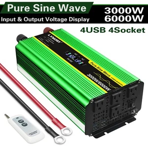 Inversor de potencia de onda sinusoidal pura 3000W 6000W 12V a 120V con control remoto 4CA 4USB verde - Imagen 1 de 7
