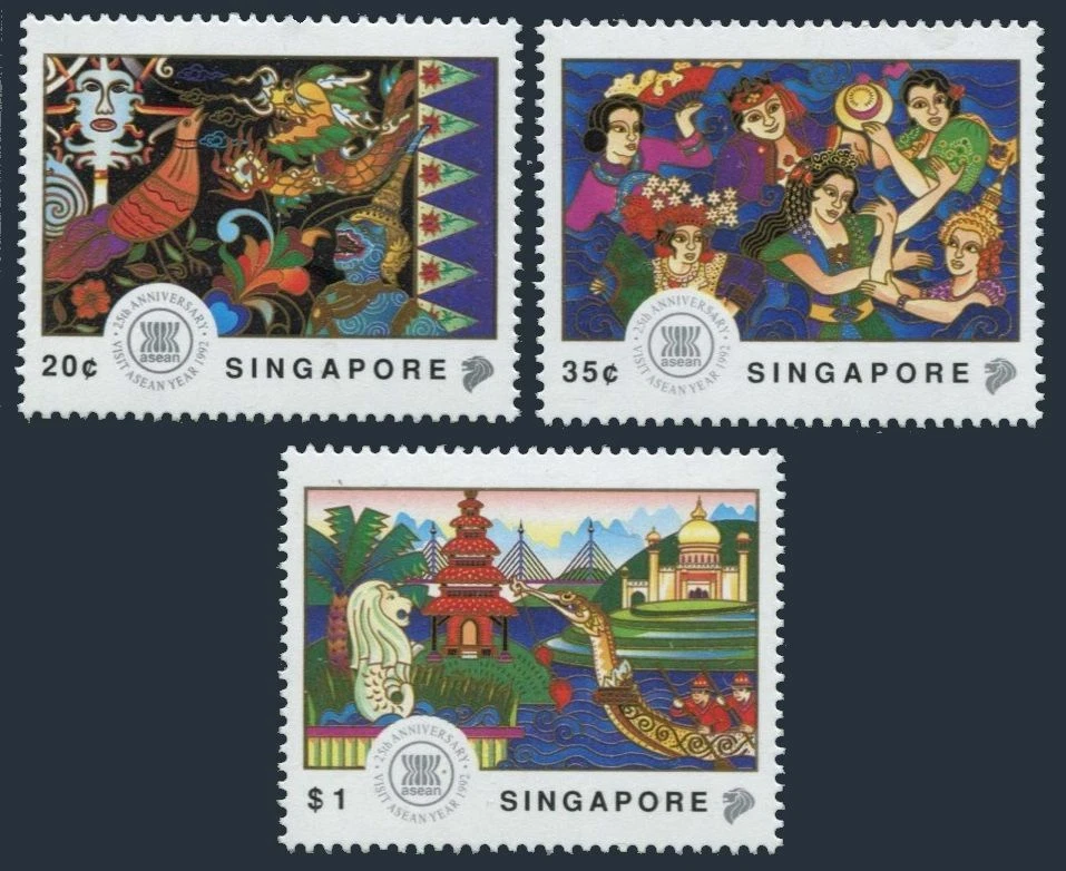 Singapore 634-636, MNH. Visit ASEAN Year,1992. Mask,bird,sea life,Costumed women - Image 1 of 1
