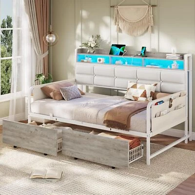 Daybed with 2 Drawers, Twin Day Bed with Upholstered Headboard, LED Lights,White - Image 1 of 4