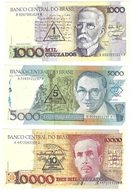 1989-1990 Brazil Overprints on 1k, 5k and 10k P216b, P217A, P218b UNC 3 Notes - Image 1 of 2