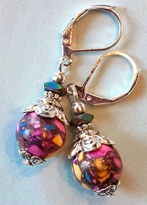 colorful MOSAIC HOWLITE Rainbow HEMATITE earring SP Leverback artisan XX - Picture 1 of 4