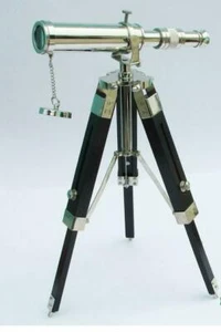 Nautical Brass 10 Inch Brass Telescope ~ Chrome Finish With Wooden Tripod Stand - Picture 1 of 6