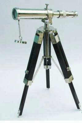 Nautical Brass 10 Inch Brass Telescope ~ Chrome Finish With Wooden Tripod Stand - Image 1 of 4