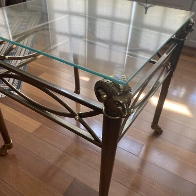 Maison Jansen Style Hollywood Regency Ram's Head Brass Glass Top Side Table DIA - Image 1 of 4