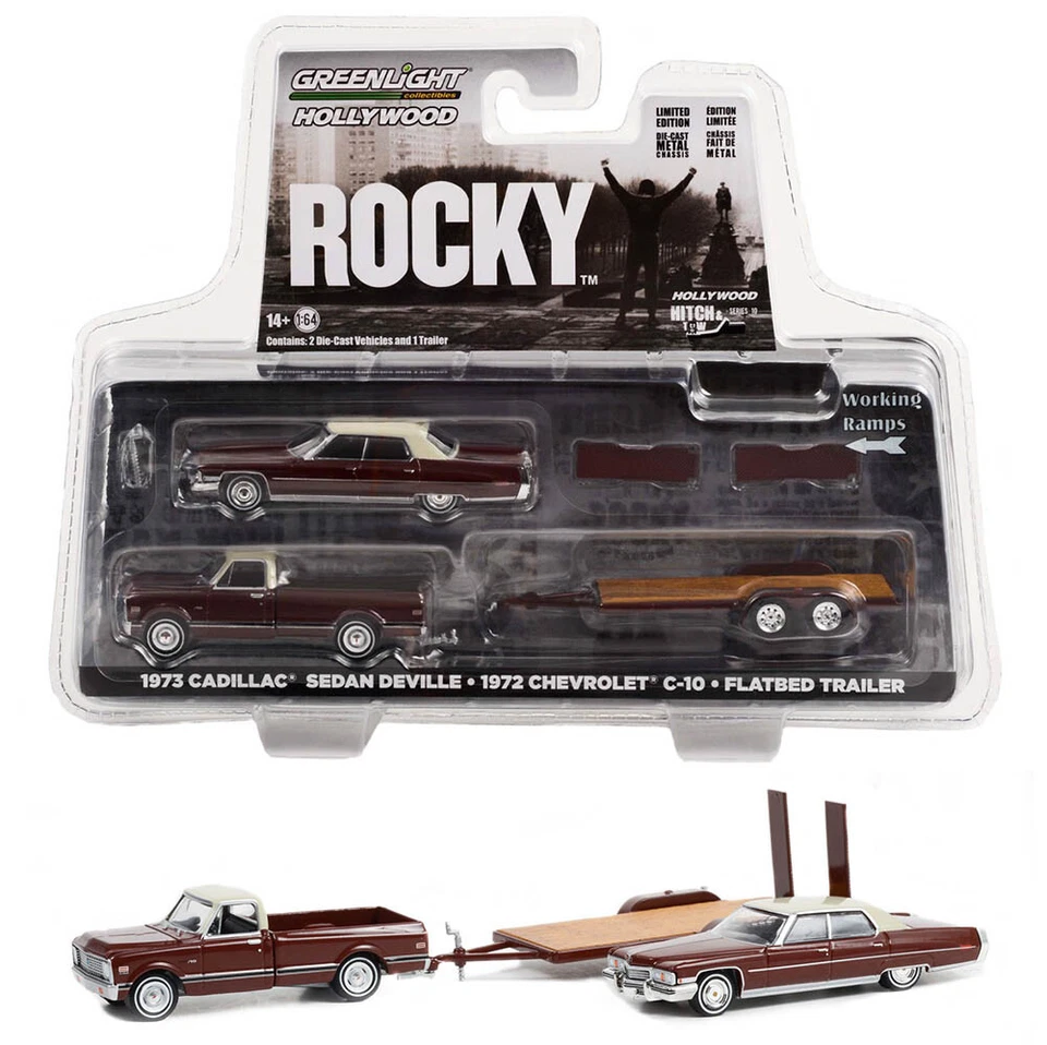 Cadillac Sedan Deville + Chevrolet C-10 + Trailer Rocky 1:64 GreenLight 31130