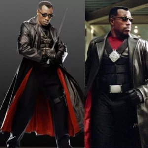 NEW Men's Wesley Snipes Blade Trinity Black Leather Long Trench Coat Jacket Coat - Picture 1 of 6